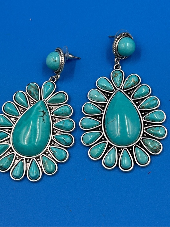 Jewelry - Turquoise Teardrop Sunburst Earrings - Silver Accent